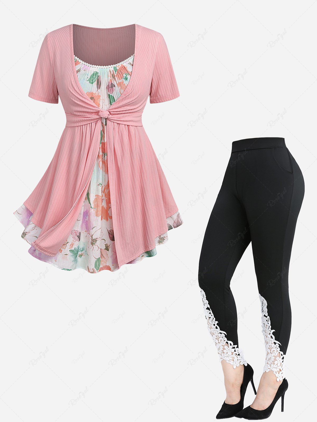 Costume Haut Fleur Imprimée Tordu à Ourlet en Dentelle de Grande Taille orange clair 