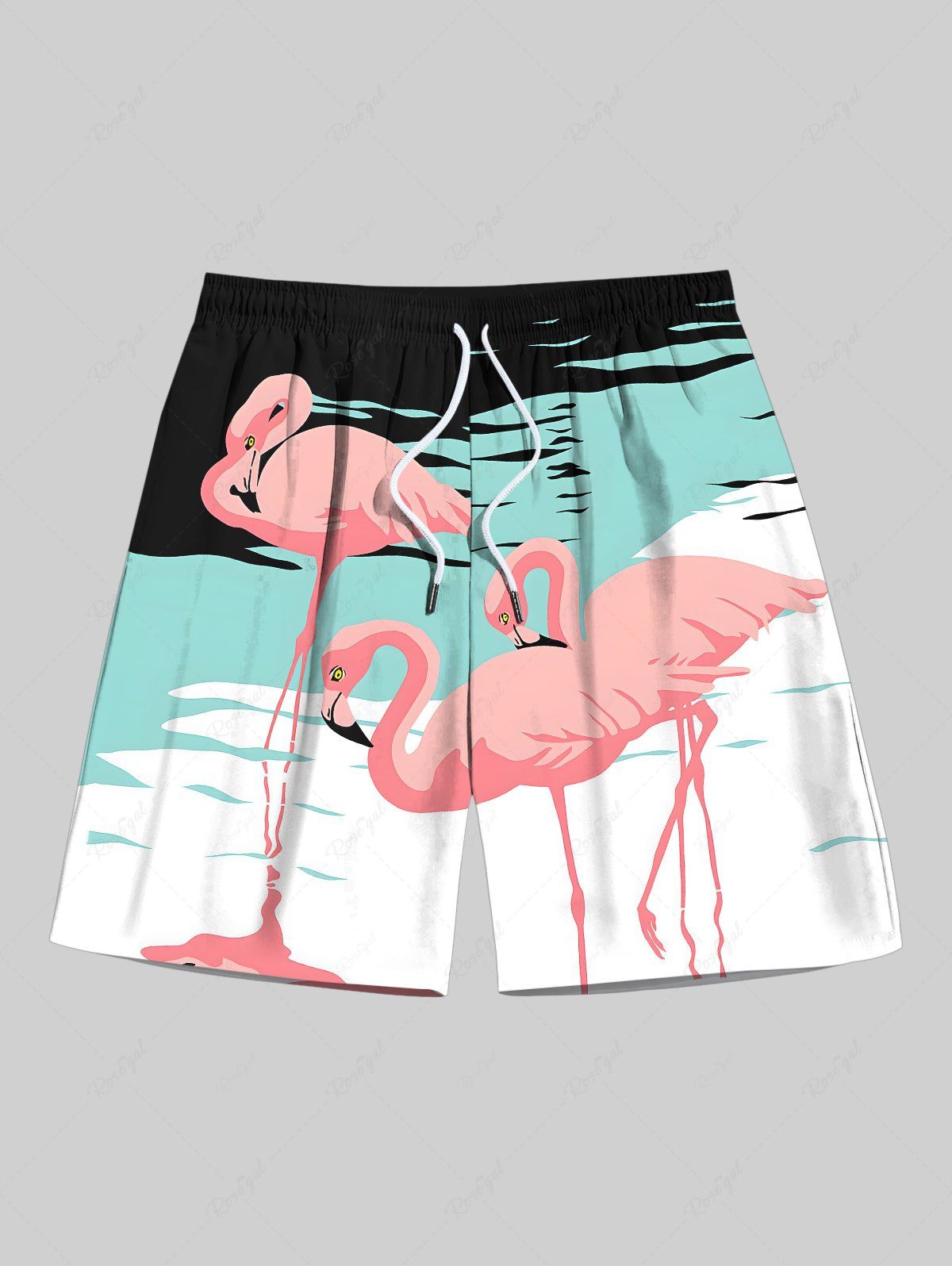 Discount Plus Size Flamingo Sea Print Hawaii Drawstring Beach Shorts For Men  