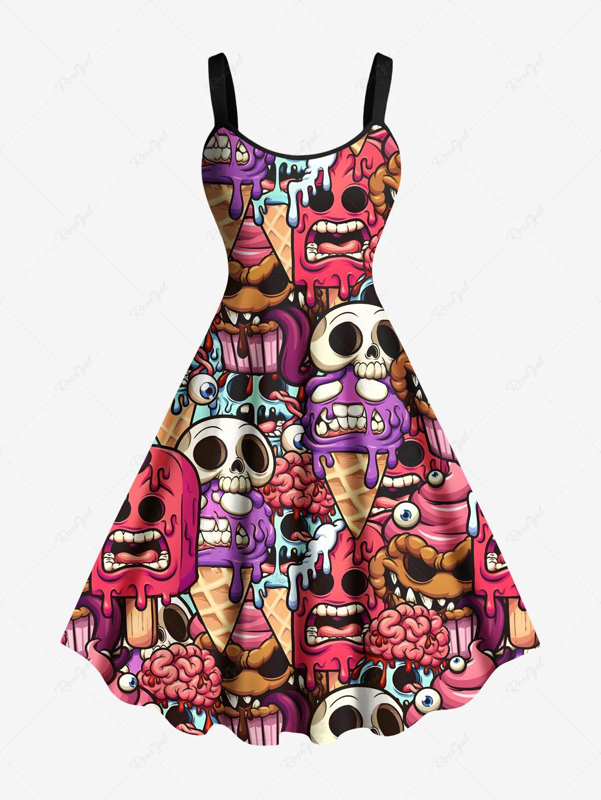 Discount Plus Size Skulls Brain Ice Cream Print Hawaii Tank Dress  