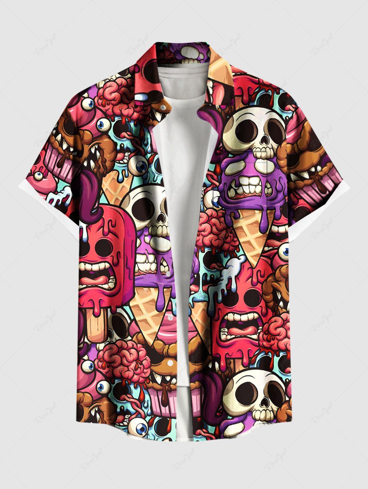 Trendy Plus Size Skulls Brain Ice Cream Print Buttons Pocket Hawaii Shirt For Men  