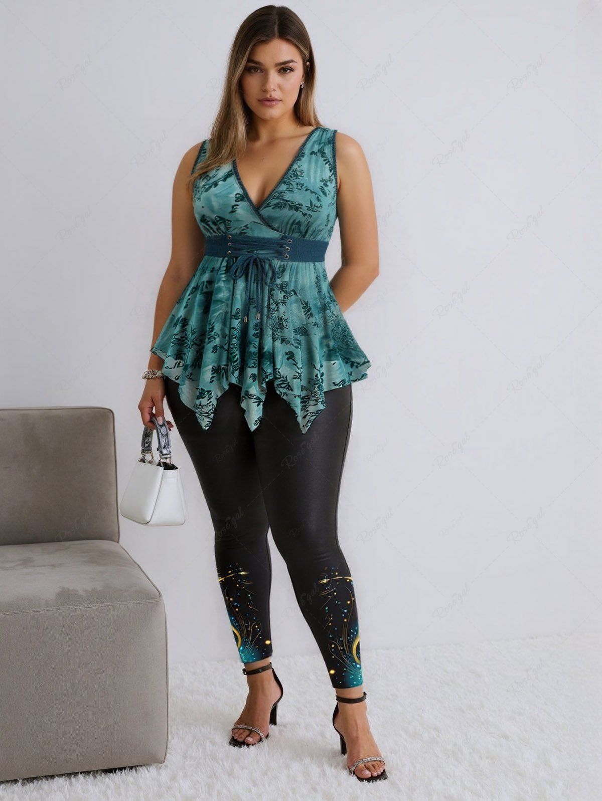 Chic Butterfly Flowers Leaf Flocking Ruched Surplice Lace Up Asymmetrical Tank Top and Skinny Leggings Plus Size Outfit  
