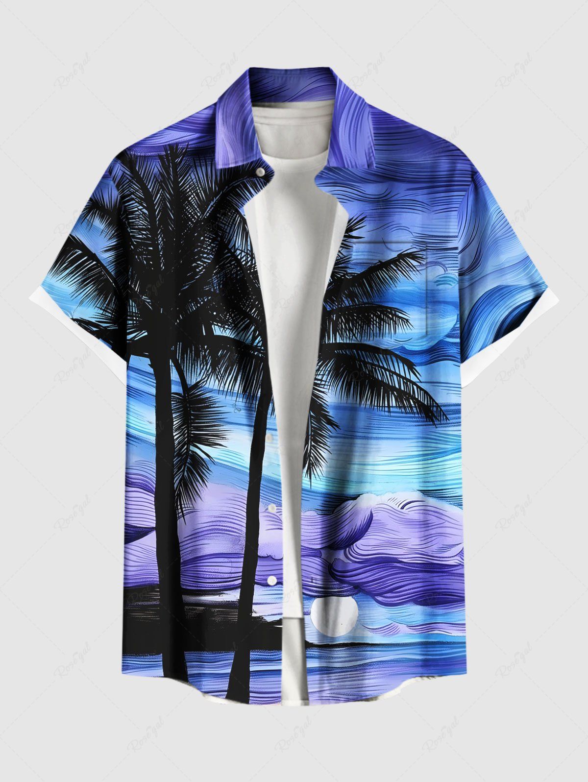 New Plus Size Coconut Tree Sun Abstract Painting Print Hawaii Button Pocket Shirt For Men  