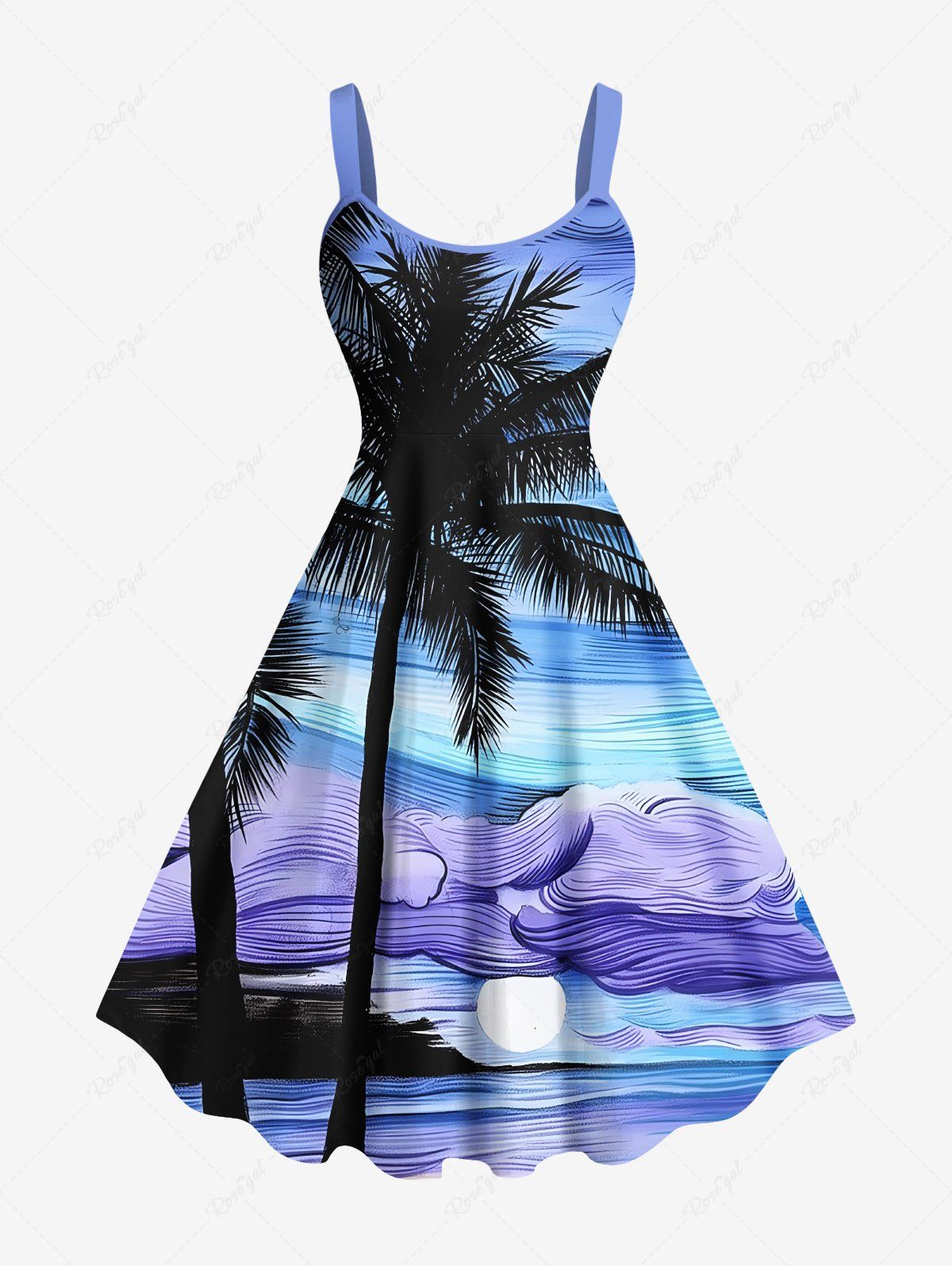Sale Plus Size Coconut Tree Sun Abstract Painting Print Hawaii A Line Tank Dress  