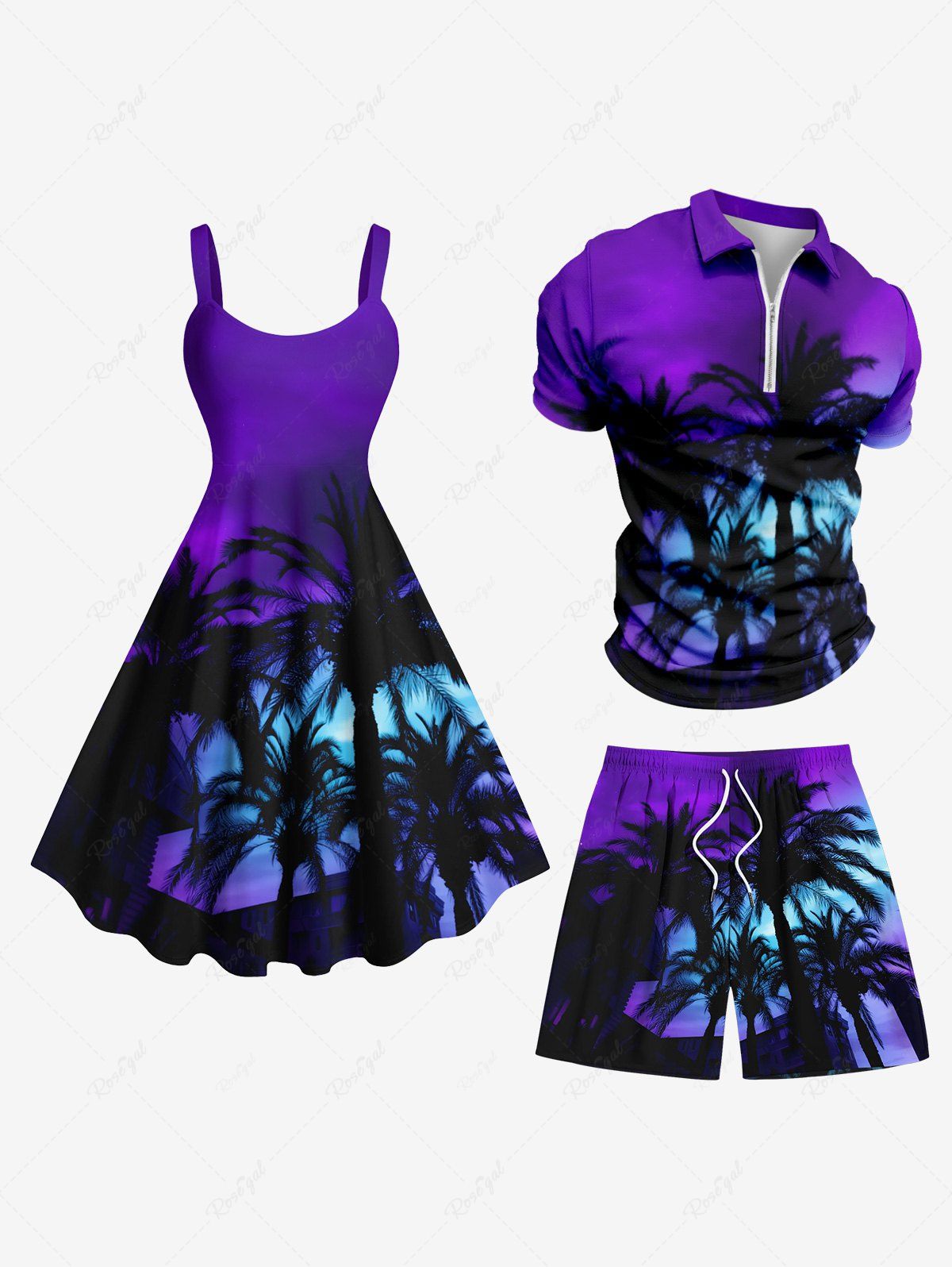 Trendy Coconut Tree Ombre Sky Print Plus Size Matching Hawaii Beach Outfit For Couples  