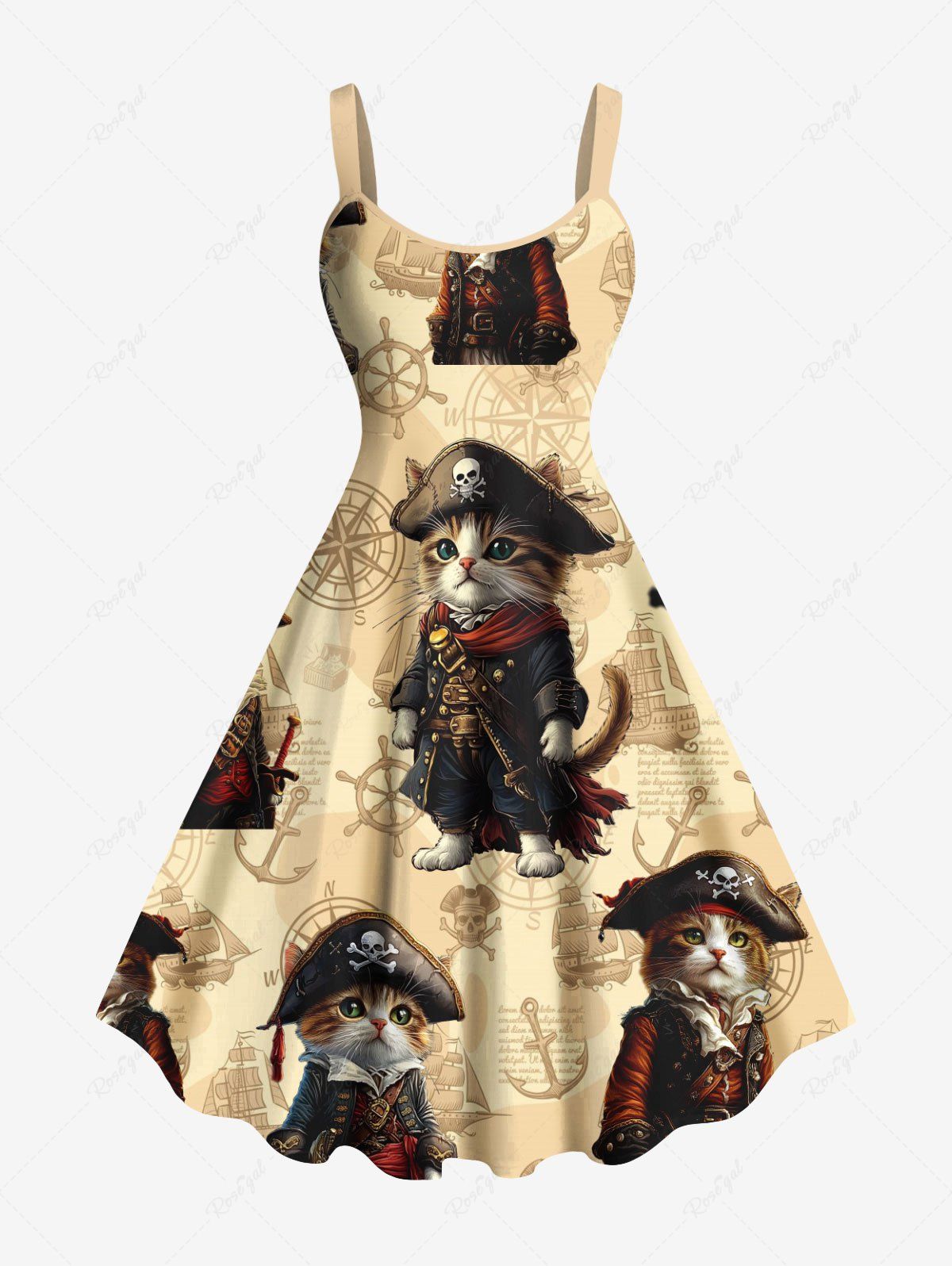 Sale Plus Size Cat Pirates Rudder Anchor Print Hawaii Cruise A Line Tank Dress  