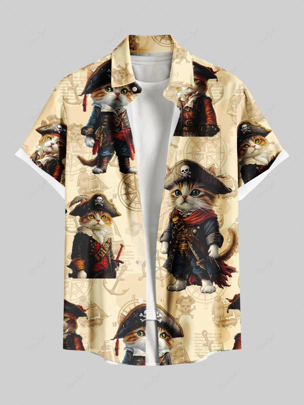 Store Plus Size Cat Pirates Rudder Anchor Print Hawaii Cruise Button Pocket Shirt For Men  