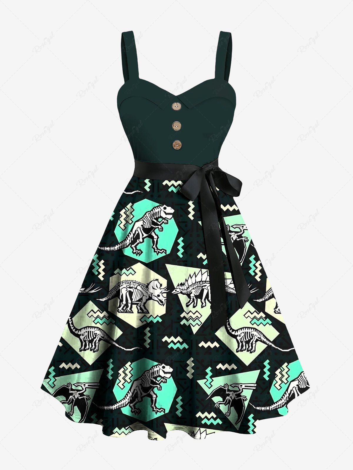 Cheap Plus Size Dinosaur Geometric Graphic Zig Zag Print Hawaii A Line Dress with Removable Belt  