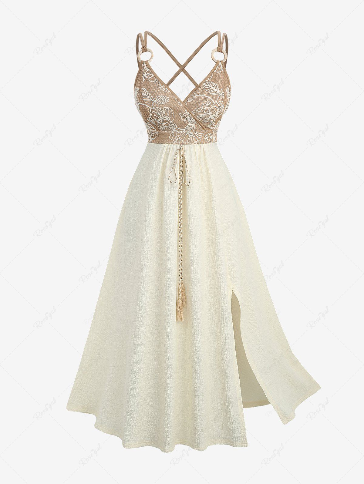 Fashion Plus Size Floral Leaves Embroidered O-Ring Crisscross Strappy Surplice Tassel Textured Split A Line Cami Dress  