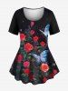 Rose Flower Glitter Butterfly Print Women T-shirt and Leggings Plus Size Matching Set -  