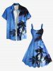 Robe Débardeur Hawaïen Ligne A Arbre Noix de Coco et Galaxie Imprimés de Grande Taille - Bleu Ciel XXS
