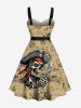 Plus Size Skull Pirate Distressed Sailboat Print Hawaii Cruise Button A Line Dress with Removable Belt -  