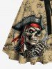 Plus Size Skull Pirate Distressed Sailboat Print Hawaii Cruise Button A Line Dress with Removable Belt -  