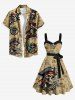 Plus Size Skull Pirate Distressed Sailboat Print Hawaii Cruise Button A Line Dress with Removable Belt -  
