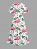 Plus Size Flamingo Lotus Flower Leaf Print Hawaii Split Pocket A Line Midi Dress -  