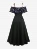 Plus Size Flowers Print Ruched Ruffles Grommets Lace Up Tulip Hem Cold Shoulder Maxi Dress - Noir 4X | US 26-28