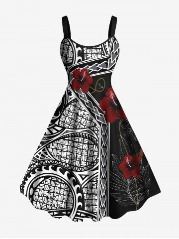 Plus Size Hibiscus Flowers Leaf Paisley Print Hawaii Tank Dress - RED - M