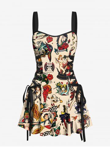 Skull Mermaid Fish Sailboat Beer Print Hawaii Lace Up A Line Tank Dress - BEIGE - XXL