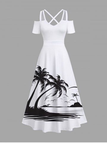 Plus Size Coconut Tree Sea Waves Print Cold Shoulder Crisscross Hawaii Maxi Dress - WHITE - 4X