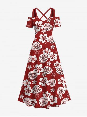 Plus Size Tropical Leaf Hibiscus Flowers Print Cold Shoulder Crisscross Hawaii Maxi Dress - RED - L