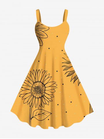Plus Size Sunflowers Dots Print Hawaii Tank Dress - YELLOW - 2X