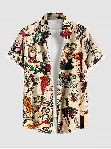 Plus Size Skull Mermaid Fish Sailboat Beer Print Hawaii Button Pocket Shirt For Men