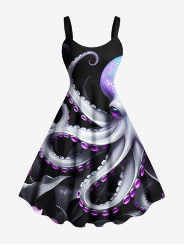 Plus Size Glitter Octopus Tropical Leaves Print Hawaii A Line Tank Dress - BLACK - XXS