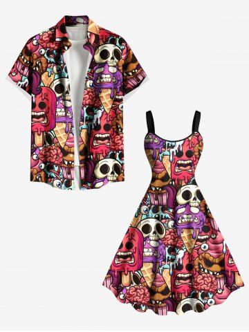 Skulls Brain Ice Cream Print Plus Size Matching Outfit For Couples - RED