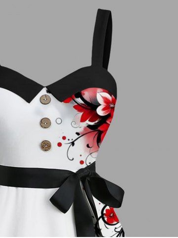 Plus Size Ombre Tie Dye Floral Branch Print Hawaii Button A Line Tank Dress with Removable Belt