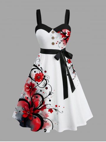 Plus Size Ombre Tie Dye Floral Branch Print Hawaii Button A Line Tank Dress with Removable Belt - WHITE - M