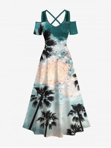 Plus Size Coconut Tree Ombre Sky Ethnic Vintage Floral Graphic Print Hawaii Cold Shoulder Crisscross A Line Maxi Dress - GREEN - 3X
