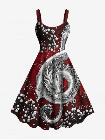 Plus Size Floral Bouquet Music Symbol Dragon Print A Line Tank Dress