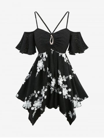 Plus Size Pointelle Hollow Out Jacquard Buckle Decor Strappy Flower Embroidered Handkerchief Top - BLACK - 4X | US 26-28