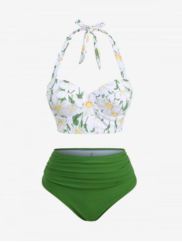 Maillot de bain tankini grande taille à imprimé marguerites et feuilles, dos nu et fronces. - GREEN - 2X | US 18-20