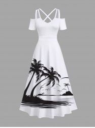 Maxi Robe Hawaïen Croisée Vague D'Océan Cocotier Imprimée à Epaule Dénudée de Grande Taille - Blanc L