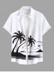 Plus Size Coconut Tree Sea Waves Print Buttons Pocket Hawaii Shirt For Men -  