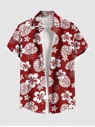 Plus Size Tropical Leaf Hibiscus Flowers Print Buttons Pocket Hawaii Shirt For Men -  