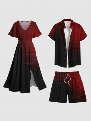 Ombre Plaid Colorblock Print Plus Size Matching Hawaii Beach Outfit For Couples -  