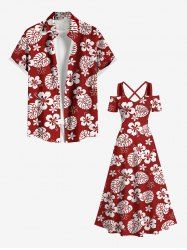 Tropical Leaf Hibiscus Flowers Print Plus Size Matching Hawaii Beach Outfit For Couples -  