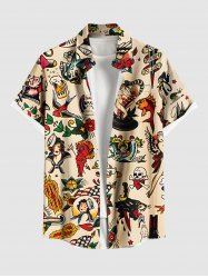 Plus Size Skull Mermaid Fish Sailboat Beer Print Hawaii Button Pocket Shirt For Men -  