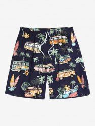 Short de plage grande taille à cordon de serrage pour homme, imprimé cocotier, feuilles tropicales, fleurs et bus hawaïen - Noir 7XL