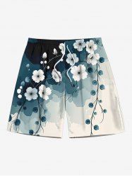 Plus Size Ink Ombre Watercolor Floral Branch Print Hawaii Drawstring Beach Shorts For Men -  
