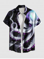 Chemise Grande Taille Imprimée Poulpe Tropicale à Boutons à Poche pour Homme - Noir 2XL