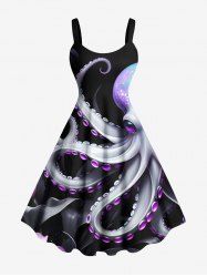 Plus Size Glitter Octopus Tropical Leaves Print Hawaii A Line Tank Dress -  