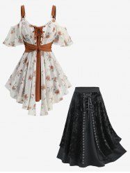 Rose Flower Print Jacquard Embroidery Blouse and Embossed Lace Up A Line Skirt Plus Size Outfit -  