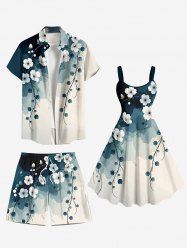 Tenue de plage hawaïenne assortie grande taille, motif aquarelle, motif branches de fleurs, encre ombrée, pour couples - Vert 