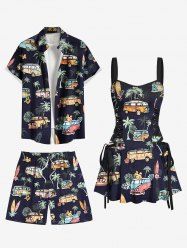 Sac de Plage Hawaiien à Imprimé Bus avec Feuilles Tropicales et Cocotier pour Couples - Noir 