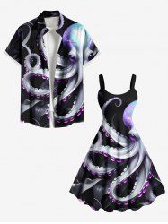Glitter Octopus Tropical Leaves Print Plus Size Matching Beach Outfit For Couples -  