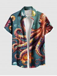 Chemise hawaïenne grande taille à imprimé fleurs de poulpe et bulles, boutonnée et ombrée, avec poches, pour homme - Vert 6XL