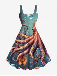 Robe Ligne A Ombrée Fleurie Pieuvre Imprimée de Grande Taille - Vert 3X