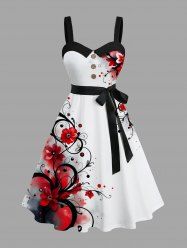 Plus Size Ombre Tie Dye Floral Branch Print Hawaii Button A Line Tank Dress with Removable Belt -  
